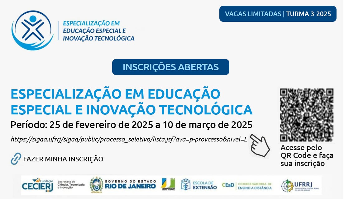 UFRRJ e Fundação Cecierj oferecem 500 vagas para curso gratuito de especialização em Educação Especial e Inovação Tecnológica