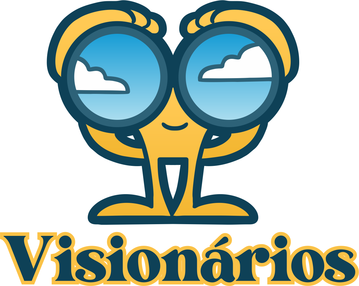 Audiodescrição: Ilustração de um personagem amarelo com mãos e pés grandes. Ele sorri. Segura um grande binóculo azul. Nas lentes, reflexos do céu azul com nuvens brancas. Fim da audiodescrição.