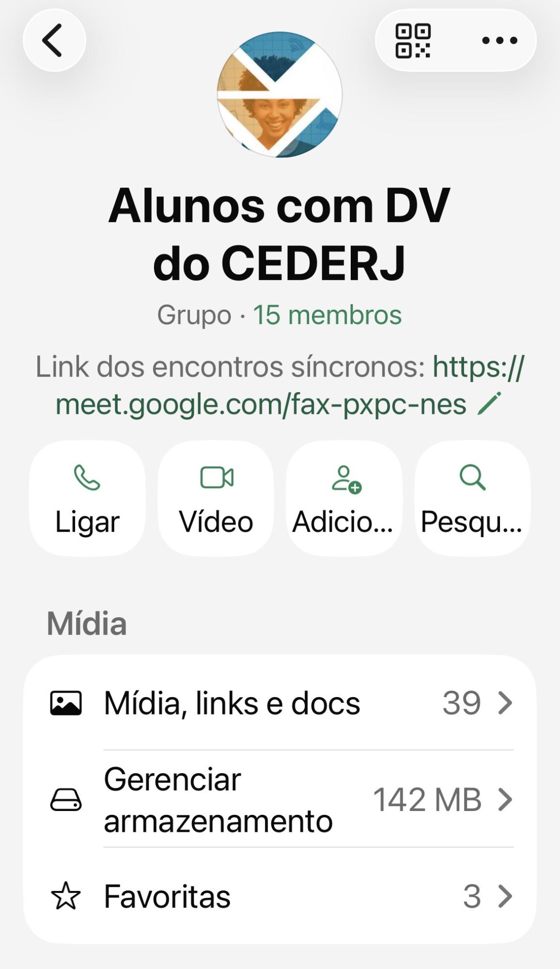 Audiodescrição: print da tela do Grupo de alunos com DV do Cederj, no Whatsapp, com 15 membros. Fim da audiodescrição.<br />

